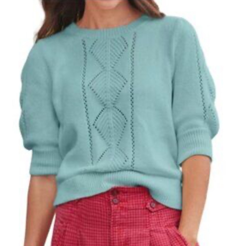 Sundance Catalog Aqua Pointelle Short Sleeve “Mallory Sweet Sweater” S NWT